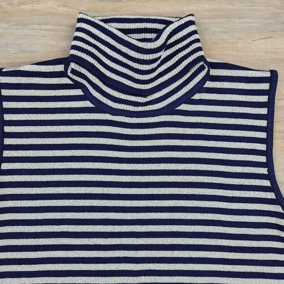☔️🔺️Grace Metallic Gold & Blue Striped Turtleneck Sleeveless Top Large - Picture 4 of 9